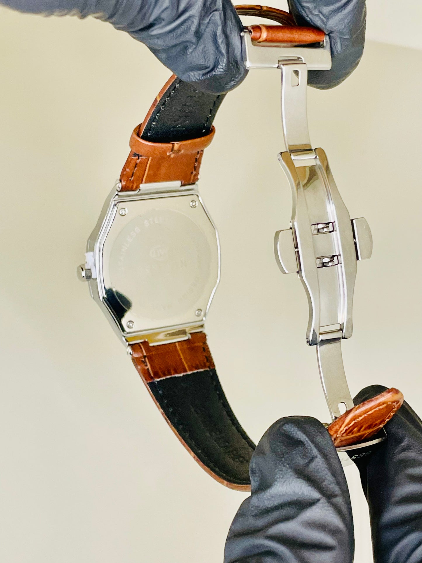 BESTWIN Classic Silver Dress Watch with Brown Crocodile Leather Strap