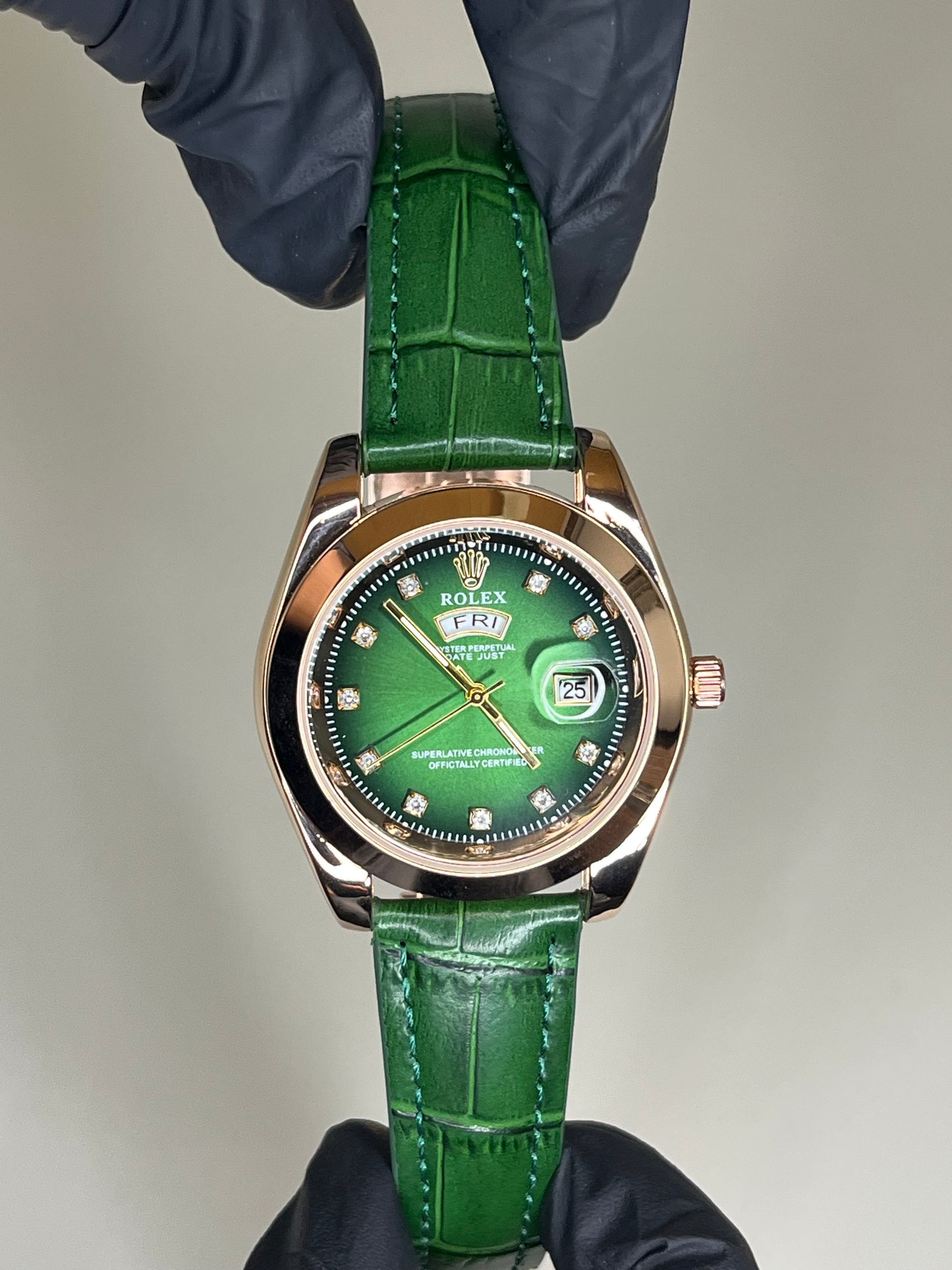 Rolex-Inspired Green Dial Watch with Leather Strap & Date