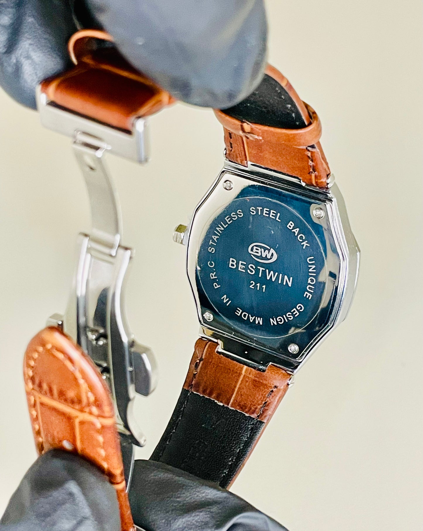 BESTWIN Classic Silver Dress Watch with Brown Crocodile Leather Strap