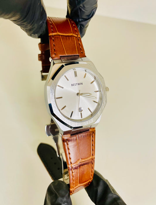 BESTWIN Classic Silver Dress Watch with Brown Crocodile Leather Strap