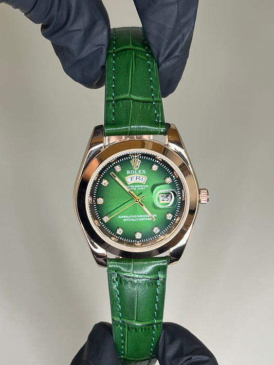 Rolex-Inspired Green Dial Watch with Leather Strap & Date
