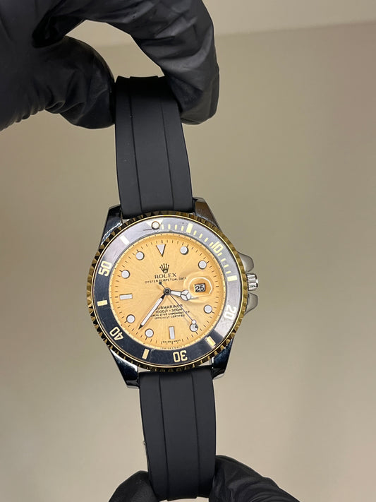 Rolex Strap with black rotating & golden dial with date