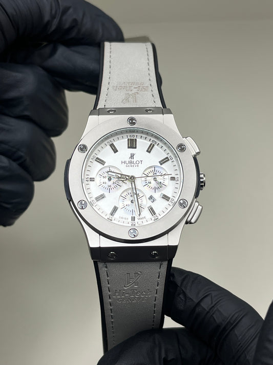 Hublot-Inspired White Chronograph Watch with Leather Strap